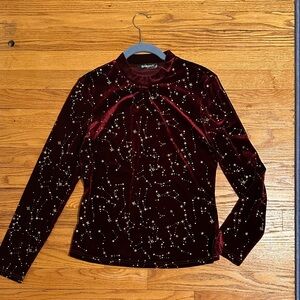 Allegra K Burgundy Velvet Starry Long Sleeve Top